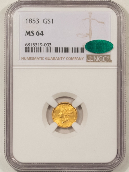 $1 1853 $1 GOLD DOLLAR – NGC MS-64, FLASHY NEAR GEM! CAC APPROVED!