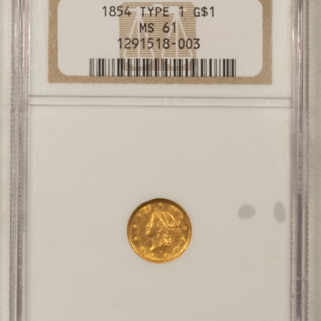 $1 1854 TYPE I $1 GOLD DOLLAR – NGC MS-61, FLASHY