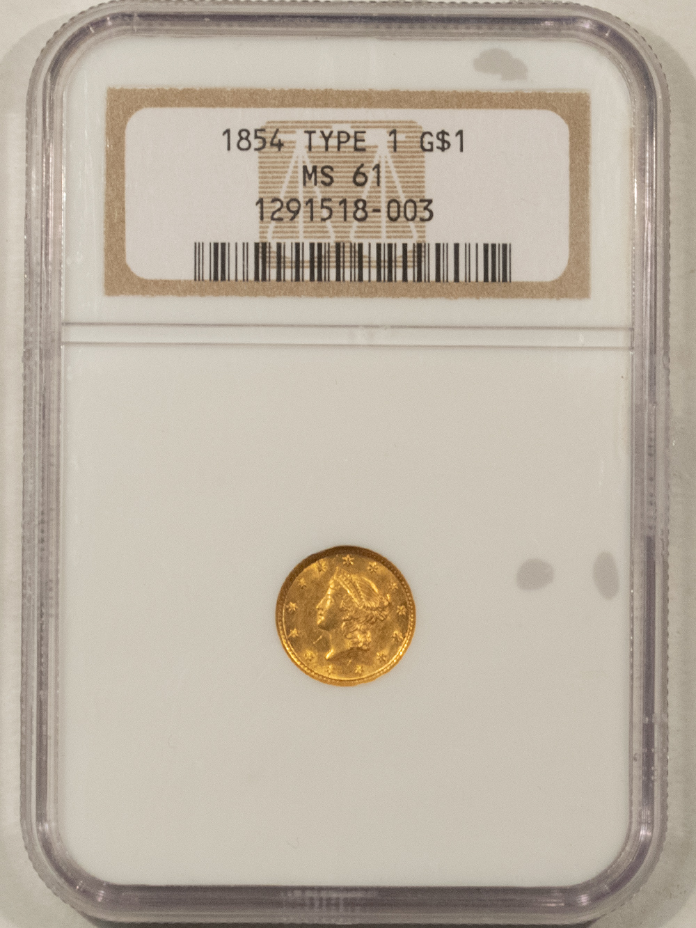 1854 TYPE I $1 GOLD DOLLAR - NGC MS-61, FLASHY