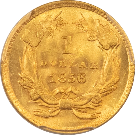 $1 1856 TYPE 3 $1 GOLD DOLLAR, SLANTED 5 – PCGS MS-64, CREAMY LUSTER!