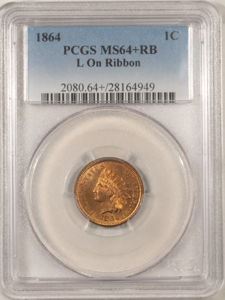 Indian 1864 INDIAN CENT, L ON RIBBON – PCGS MS-64+ RB, MOSTLY RED, PQ!
