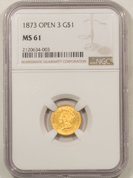 $1 1873 OPEN 3 $1 GOLD DOLLAR, TYPE 3 – NGC MS-61, FLASHY!