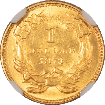 $1 1873 OPEN 3 $1 GOLD DOLLAR, TYPE 3 – NGC MS-61, FLASHY!
