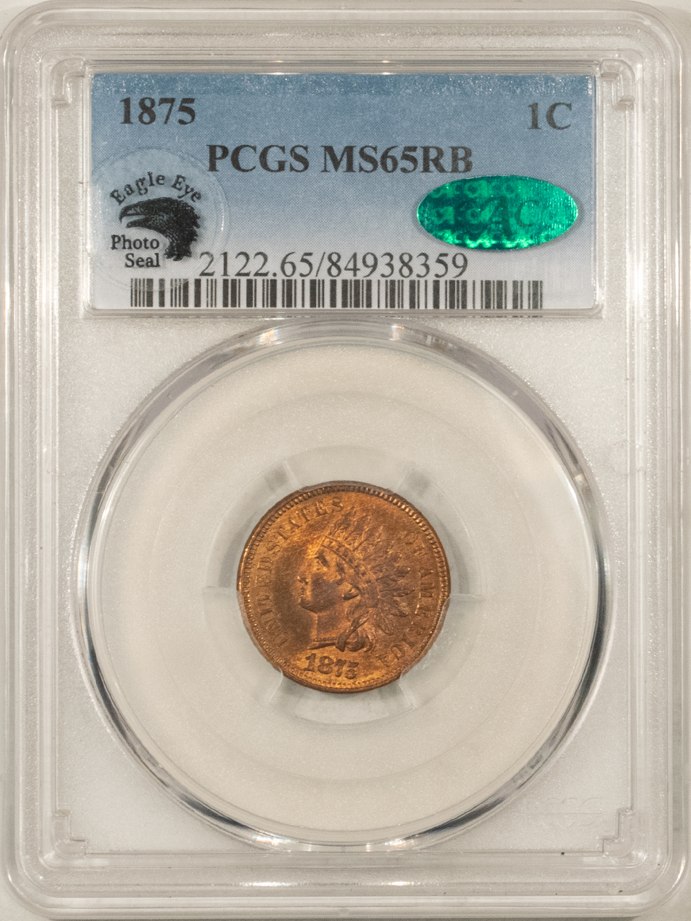 1875 INDIAN CENT - PCGS MS-65 RB, EAGLE EYE PHOTO SEAL & CAC APPROVED!