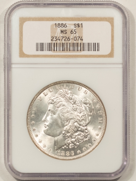 Morgan Dollars 1886 MORGAN DOLLAR – NGC MS-65, FRESH WHITE GEM!
