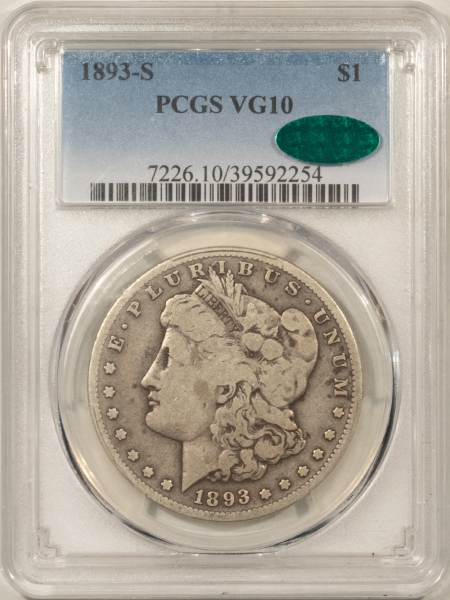 CAC Approved Coins 1893-S MORGAN DOLLAR – PCGS VG-10, PERFECT LOOK & CAC APPROVED KEY-DATE!