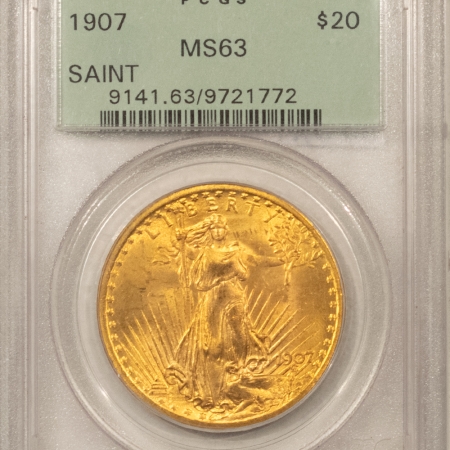 $20 1907 $20 ST GAUDENS GOLD DOUBLE EAGLE – PCGS MS-63 OGH, PQ+ FIRST YEAR, NO MOTTO