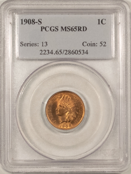 Indian 1908-S INDIAN CENT – PCGS MS-65 RD, PREMIUM QUALITY! KEY-DATE!