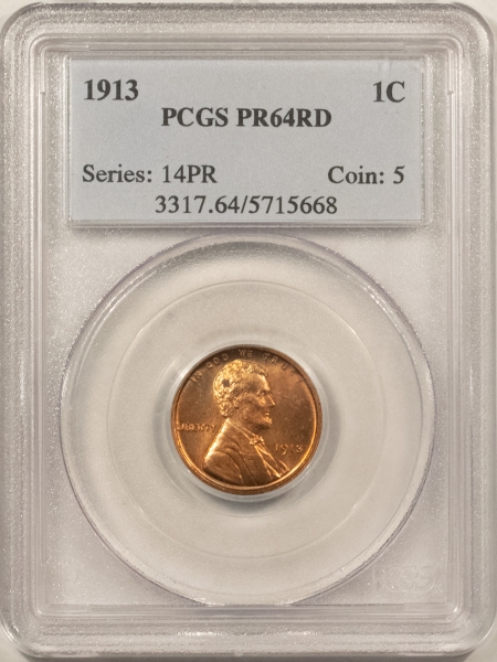 Lincoln Cents (Wheat) 1913 PROOF LINCOLN CENT – PCGS PR-64 RD, BLAZING RED! MATTE PROOF!