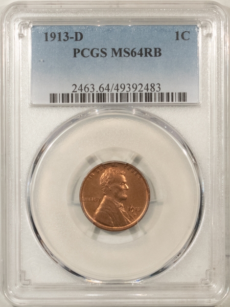 Lincoln Cents (Wheat) 1913-D LINCOLN CENT – PCGS MS-64 RB, LOOKS GEM & PREMIUM QUALITY!