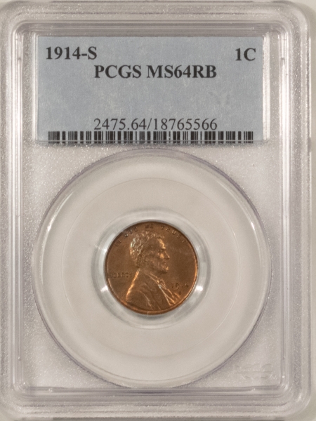 Lincoln Cents (Wheat) 1914-S LINCOLN CENT – PCGS MS-64 RB, TOUGH DATE, ATTRACTIVE!