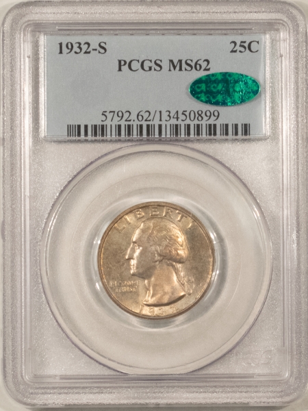 CAC Approved Coins 1932-S WASHINGTON QUARTER – PCGS MS-62, LOOKS 63+, ORIGINAL! CAC APPROVED!