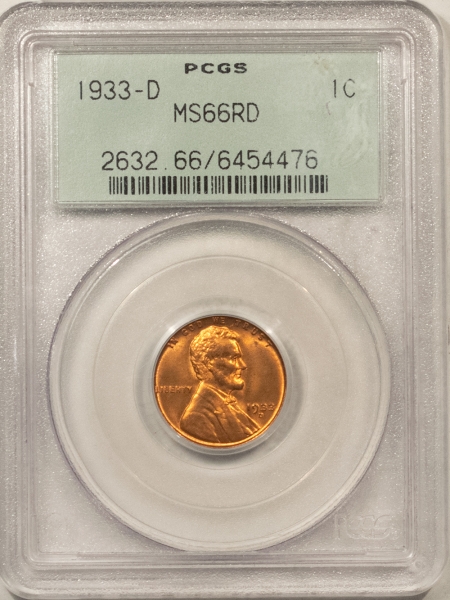 Lincoln Cents (Wheat) 1933-D LINCOLN CENT – PCGS MS-66 RD, OLD GREEN HOLDER, GEM & PREMIUM QUALITY!