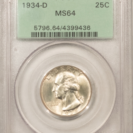 New Certified Coins 1934-D WASHINGTON QUARTER – PCGS MS-64, OLD GREEN HOLDER & PREMIUM QUALITY!