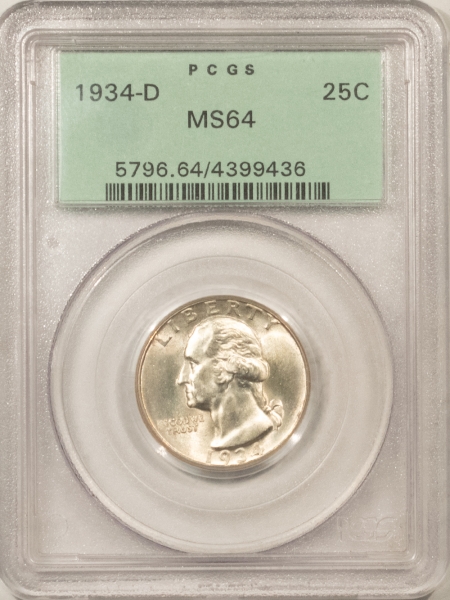 New Certified Coins 1934-D WASHINGTON QUARTER – PCGS MS-64, OLD GREEN HOLDER & PREMIUM QUALITY!