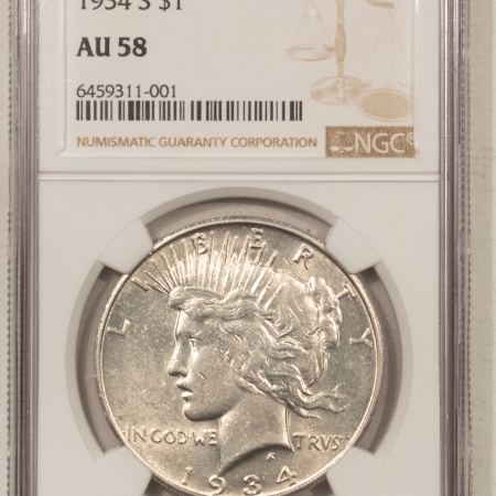 New Store Items 1934-S PEACE DOLLAR – NGC AU-58, WHITE & FLASHY, KEY DATE!
