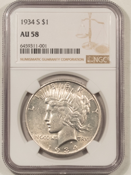 New Certified Coins 1934-S PEACE DOLLAR – NGC AU-58, WHITE & FLASHY, KEY DATE!
