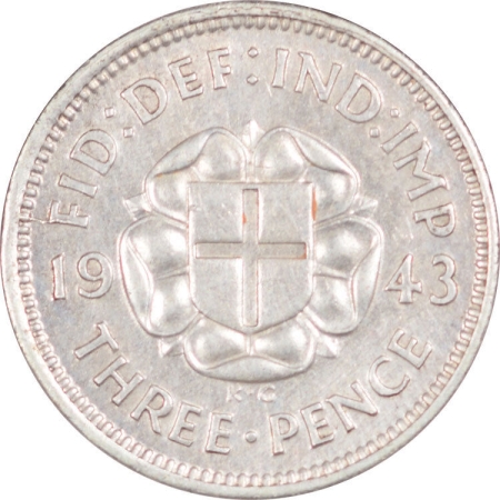 World Certified Coins 1943 GREAT BRITAIN SILVER 3 PENCE KM #848 – HIGH GRADE EXAMPLE! AU++