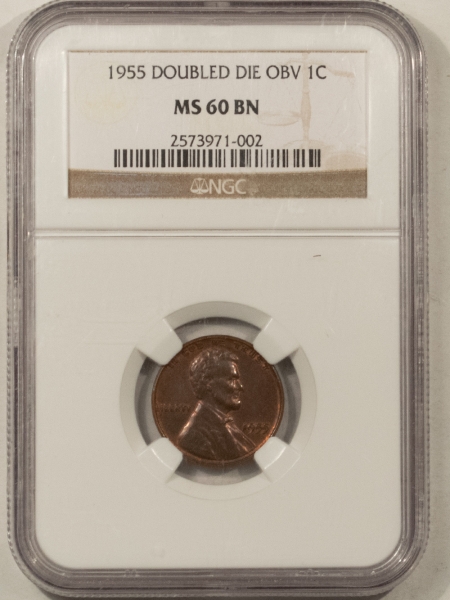 Lincoln Cents (Wheat) 1955/55 DOUBLED DIE OBVERSE LINCOLN CENT NGC MS-60 BN, NICE SMOOTH, LOOKS BETTER