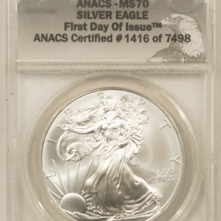 American Silver Eagles 2008 $1 AMERICAN SILVER EAGLE 1 OZ – ANACS MS-70 1ST DAY OF ISSUE, #1416 OF 7498