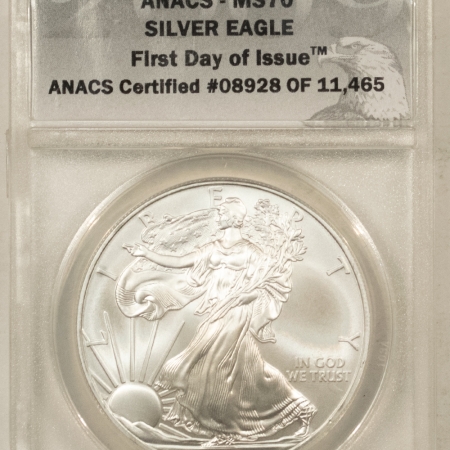 American Silver Eagles 2009 $1 AMERICAN SILVER EAGLE 1 OZ, ANACS MS-70 1ST DAY OF ISSUE #08928 OF 11465