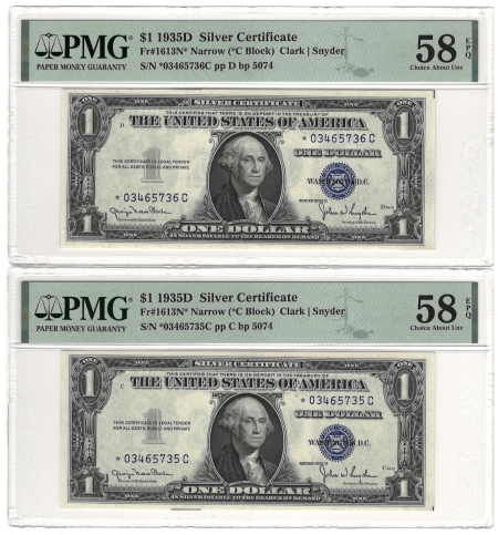 New Store Items 1935-D $1 SILVER CERTIFICATE “STAR” CONSECUTIVE PAIR, FR-1613N*, PMG CH AU58 EPQ