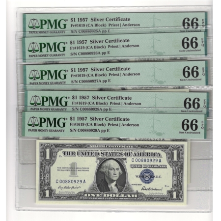 New Store Items LOT OF 5 CONSECUTIVE # 1957 $1 SILVER CERTIFICATES, FR-1619, PMG GEM UNC-66 EPQ!