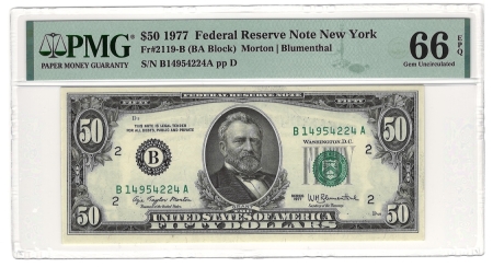 New Store Items 1977 $50 FEDERAL RESERVE NOTE-NEW YORK, FR-2119-B, PMG GEM UNCIRCULATED 66 EPQ!