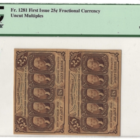 New Store Items FRACTIONAL CURRENCY, FR-1281, 1st ISSUE 25c, UNCUT PAIR, PCGS CURR ABOUT NEW-53