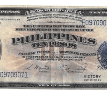 New Store Items 1944 (ND) PHILIPPINES 10 PESOS-SERIES 66 “VICTORY”, WW II, FR-97, VF/XF