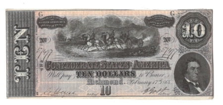 Confederate Notes FEB 17, 1864 $10 CSA NOTE, TYPE 68; BRIGHT CU W/ NICE COLOR & BOLD SIGS!