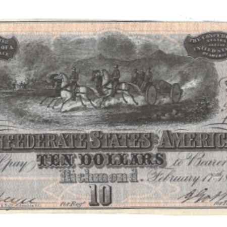 Confederate Notes FEB 17, 1864 $10 CSA NOTE, TYPE 68; BRIGHT CU W/ NICE COLOR & BOLD SIGS!
