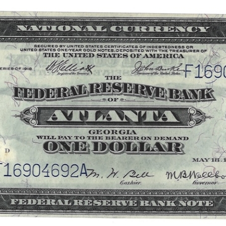 New Store Items 1918 $1 FEDERAL RESERVE NOTE, ATLANTA, FR-726, VF/XF BUT LOOKS UNC-NICE!