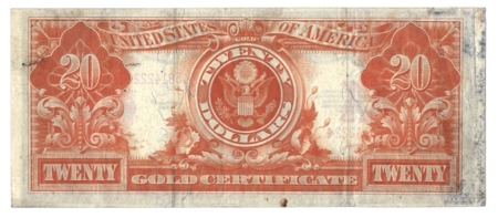 Large Gold Certificates 1922 $20 GOLD NOTE, FR-1187, BRIGHT VF, MINOR SOILING & SMALL RUST SPOT