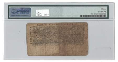 Continental & Colonial Currency MARYLAND COLONIAL NOTE, FR-MD-63 APRIL 10, 1774  $1/3, S/N 14002, PMG CH FINE-12