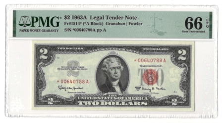New Store Items 1963-A $2 LEGAL TENDER (U.S. NOTE), STAR NOTE, FR-1514*, PMG GEM UNC-66 EPQ!