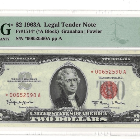 New Store Items 1963-A $2 LEGAL TENDER (U.S. NOTE), STAR NOTE, FR-1514*, PMG CHOICE ABOUT UNC-58