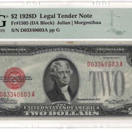 New Store Items 1928-D $2 LEGAL TENDER (U.S. NOTE), FR-1505, PMG CHOICE ALMOST UNC-58, PINHOLE