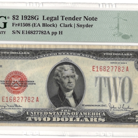 Legal Tender 1928-G $2 LEGAL TENDER (U.S. NOTE), FR-1508, PMG CHOICE ALMOST UNCIRCULATED-58!