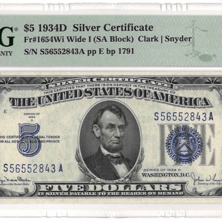 New Store Items 1934-D $5 SILVER CERTIFICATE, WIDE, FR-1654Wi, PMG GRADED GEM UNC-66 EPQ!