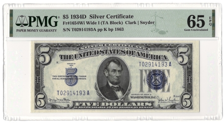 New Store Items 1934-D $5 SILVER CERTIFICATE, WIDE, FR-1654Wi, PMG GRADED GEM UNC-65 EPQ!