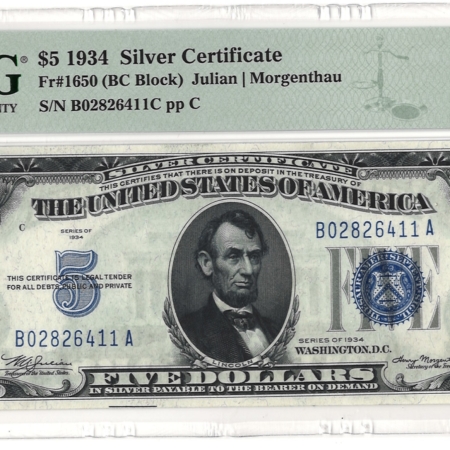 New Store Items 1934 $5 SILVER CERTIFICATE, FR-1650, PMG GEM UNCIRCULATED-66 EPQ!