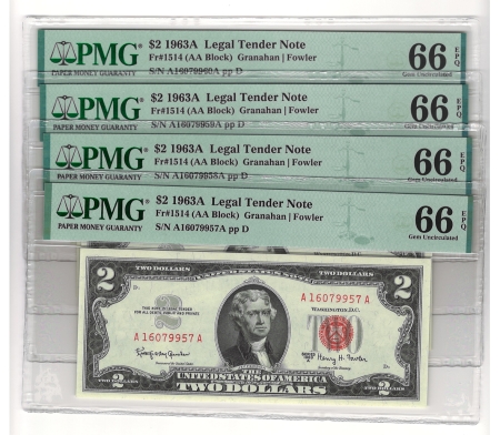New Store Items 4 CONSECUTIVE # 1963-A $2 LEGAL TENDER (RED SEALS), FR-1514, ALL PMG GEM-66 EPQ!