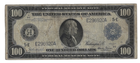 Large Federal Reserve Notes RARE 1914 $100 FEDERAL RESERVE NOTE, RICHMOND, FR-1101, HONEST FINE+, PINHOLES