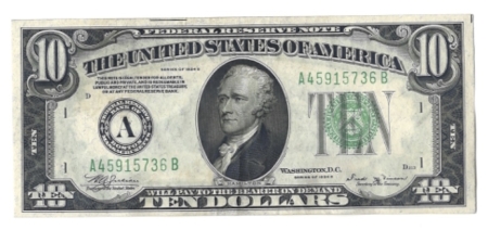 New Store Items 1934-B $10 FEDERAL RESERVE NOTE, BOSTON, FR-2007A, SCARCER BANK, CHOICE AU-NICE!