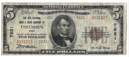 New Store Items 1929 $5 TY 2 NATIONAL BANK NOTE, CITY NATIONAL BANK OF COLUMBUS, OHIO, FINE/VF
