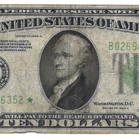 Small Federal Reserve Notes 1934-A $10 FEDERAL RESERVE NOTE, NEW YORK, STAR, FR-2006B*, ORIGINAL FINE/VF