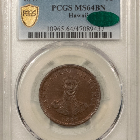 CAC Approved Coins 1847 HAWAIIAN CENT – PCGS MS-64 BN, RARE COIN, FRESH, PQ, GREAT GEM LOOK & CAC!