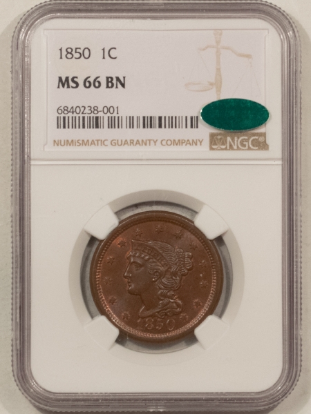 Braided Hair Large Cents 1850 BRAIDED HAIR LARGE CENT – NGC MS-66 BN, AWESOME! CAC APPROVED!