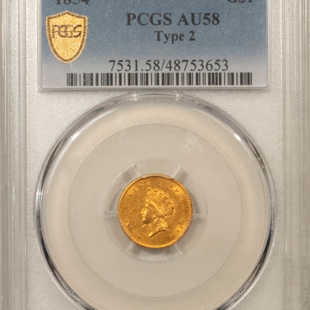 $1 1854 $1 GOLD DOLLAR, TYPE 2 – PCGS AU-58, VERY WELL STRUCK & PREMIUM QUALITY!
